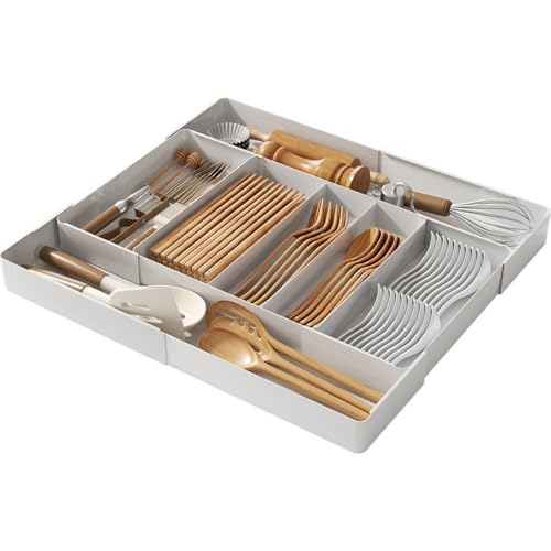 Expandable Kitchen Drawer Organizer Adjustable Utensil Tray Flatware Tray Cutlery Drawer Organiser for Forks Spoons Knife Organizer (Large, White)