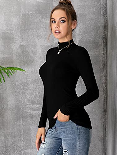 Mangdiup Women's Mock Turtleneck Long Sleeve Pullover Tops Slim Fit Basic T-Shirts (Black, Medium) #TOP1