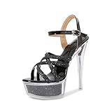 Fantoesay Women's Platform Sandals Sparkling Glitter Strappy Stiletto High Heels Sexy Clear Sandals Black US10