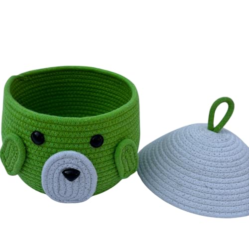 Image of Multi-Purpose Cute Jute Basket with Lid Storage Baskets for Bathroom Living Room & Kitchen Organiser Box Vanity Box First aid Box (Pack of 1) 25x20cm (parot green)