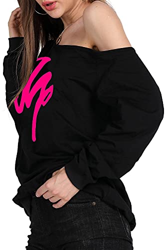 Image of MAGICMK Woman's Sweatershirt Lips Print Causal Blouse Off The Shoulder Long Sleeve Loose Slouchy Pullover Plus Size Tops