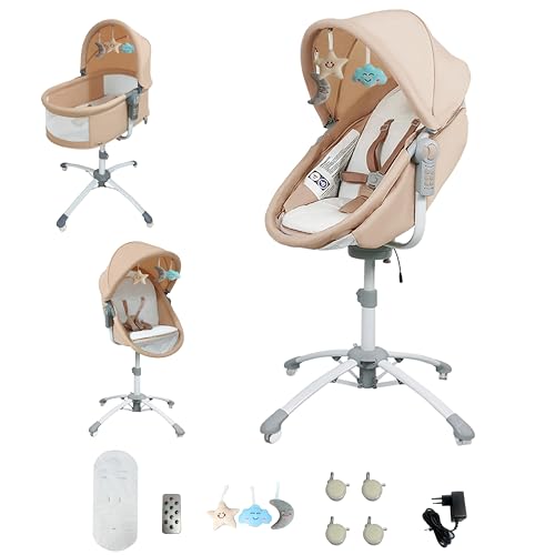 Prokoke 3 en 1 Cuna para Recién Nacidos Ajustable Multifuncional, Cuna Eléctrica para Bebés con Vibración y Música, Trona Convertible para Niños Pequeños, Columpio para Bebés con Ruedas (Khaki)