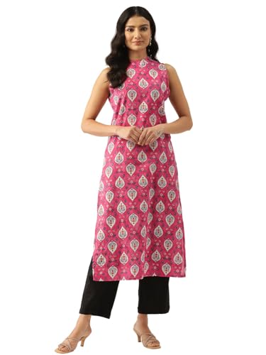 Image of feranoid Unique Printed Choker Neck Back Button Sleeveless Long Kurti