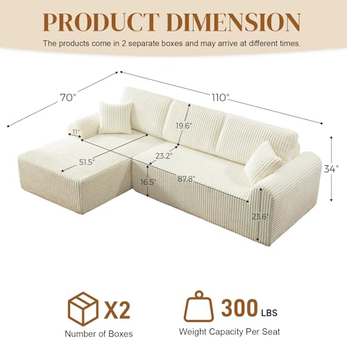 Image of 110 inch L Shaped Boneless Sectional Couches for Living Room, Comfy Corduroy Floor Cloud Sofa with Chaise, Wide Armrest, Deep Seat, Memory Foam, Assembly Free, Ideal for Small Spaces, Beige
