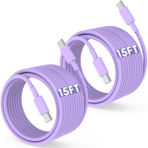 Long USB C to USB C Cable 15FT for iPhone 17 16 15 Pro Max,60W Fast Charging Type C to Type C Charger Cord for iPhone 17 16 15/16 15 Plus/17 Air/17 16 15 Pro, iPad Pro/Air,MacBook,Galaxy S25-Purple by Fashia - Used condition - US$20.92
