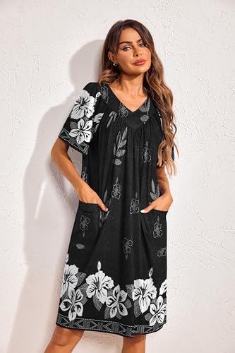 Image of Ekouaer Womens House Dress Floral Print Nightgown with Pockets Mumu Dress | V Neck Nightgowns for Women Pleated Short Sleeves Mumu Dresses Knee Length Moo Moo for Sleep, Daily Wear, Vacation, Party