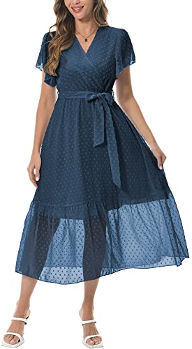 Image of PCEAIIH Women Summer Bohemian Floral Casual Cocktail Dresses V Neck Ruffle Cap Short Sleeve Wrap Belt A-Line Pleated Hem Swing Midi Sun Dress M Dot Lake Blue