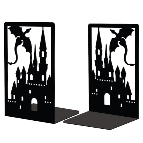 Peacoblue Metal Bookends for Shelves Room Decorative, Creative Heavy Duty Study Bookends Stoppers Holder Stand for Desk Shelf 4.7″x3.5″x7″ Book Ends to Support Books, 1 Pair(Dragon Castle)