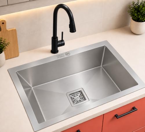 Image of HAPPY HOMES HAPPY HOMES 24x18x10 Inch Kitchen Sink 100% Stamped 304 Grade Stainless Steel with Nanocoated Undercoating, Sound Dampening |Square Coupling and Metal Fruit Basket | 25 Years Warranty
