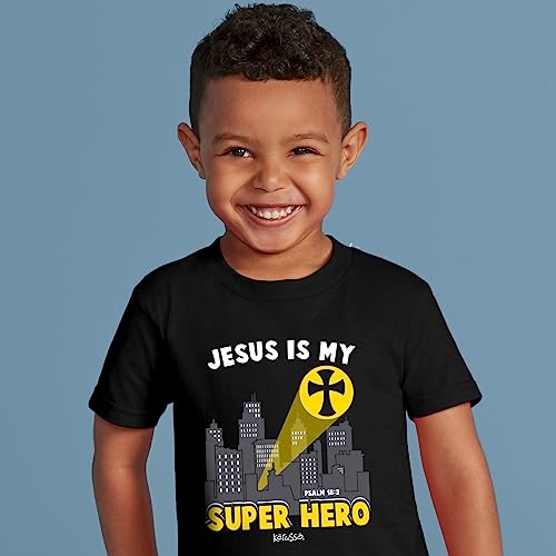 Kerusso Jesus is My Super Hero Sky Beacon Black Cotton Kids' Crew Neck T-Shirt, 4T4
