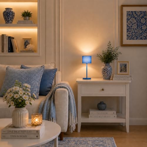 Image of Table Lamp with Fabric Shade, 2 Feet Height , Blue, 55 cm, Metal Base