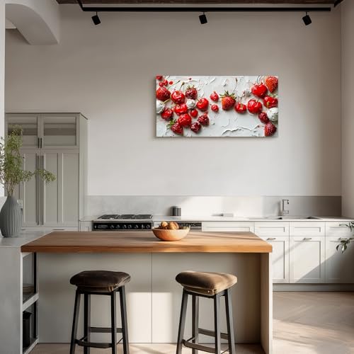 crmotu Fruit Large Wall Art, Still Life Kitchen Art Prints, Cream Cherry Strawberry Canvas Pictures, Cottagecore Oil Paintings Wall Decor Living Room Dining Room Rustic Farmhouse 20x40 Inch