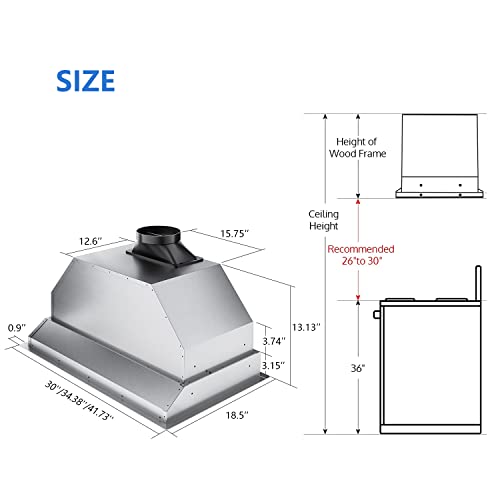 IKTCH 30 inch Built-in/Insert Range Hood 900 CFM, Ducted/Ductless Convertible Duct, Stainless Steel Kitchen Vent Hood with 2 Pcs Adjustable Lights and 2 Pcs Baffle Filters with Handlebar by IKTCH - Image 7