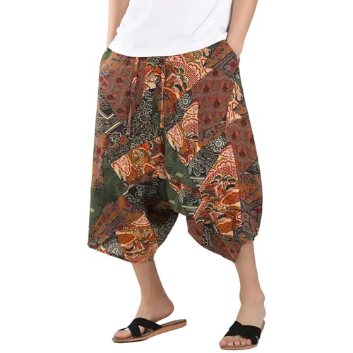 Plus Size Harem Pants Men, Boho Wide Leg Capri Pants Elastic Waist Drawstring Hippie Trousers Casual Loose Pant2