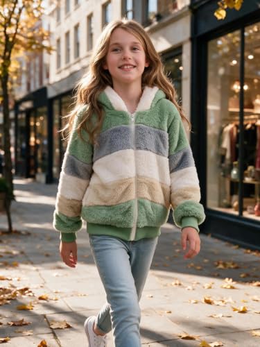 Image of Girls Fleece Jackets Kids Sherpa Fuzzy Zip up Hoodie Fall Winter Contrast color Pullover Sweatshirt 4-12 Years