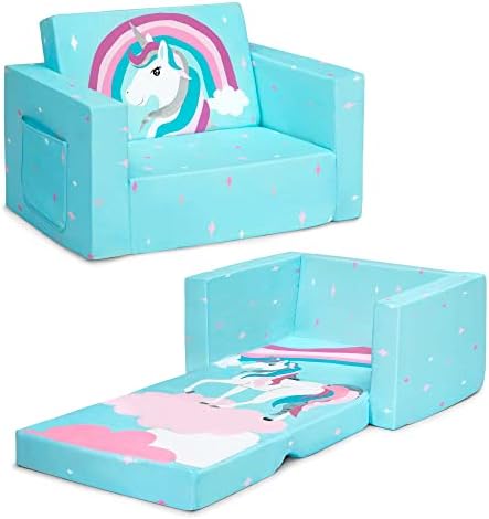 Delta Children Cozee 2-in-1 Convertible Sofa to Lounger - Comfy Flip Open Couch/Sleeper for Kids, Blue Unicorn