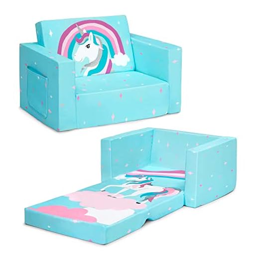 Delta Children Cozee 2-in-1 Convertible Sofa to Lounger - Comfy Flip Open Couch/Sleeper for Kids, Blue Unicorn