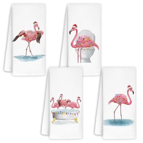 Merry Christmas Flamingo Decor Set - Pink Flamingo Towels & Gifts for Women, Kitchen & Bathroom - 16" x 24" Set of 4