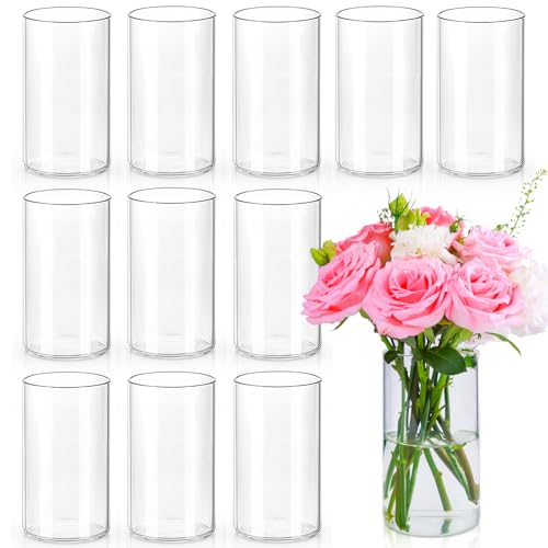 UPBUD 15 2 cm Glas-Zylindervasen für Tischdekoration | 12 Stück durchsichtige kleine Blumenvasen für Hochzeitsdekorationen schwimmende Kerzenvasen im Großpack Hurricane-Kerzenhalter für Tisch