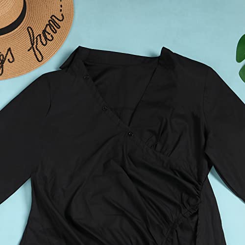 Women's Deep V Neck Ruched Long Sleeve Side Split High Low Irregular Hem Top Tunic Blouse Long Shirt Dress Large Black #TOP1