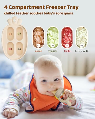 2 Packs Baby Fruit Feeder & Freezer Nibble Tray Combo, Push Pop Baby Food Feeder to Safely Introduce New Foods, Fresh & Frozen Food Silicone Feeder, 100% Food Grade, BPA Free (Caramel & Pink)