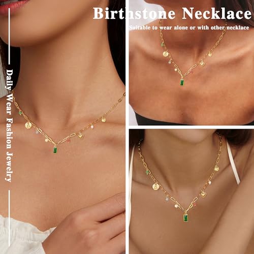 Gold Necklace for Women Dainty 14K Gold Plated Birthstone Necklace Green Blue Pendant Charm Necklaces Birthday Gifts Waterproof Jewelry4