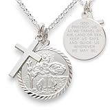 Christopher James of London Colgante de San Cristóbal de 19 mm y collar de cruz de 45,7 cm | Cadena Belcher de plata de ley 925 maciza de 2 mm | Oración de viajeros en colgante | Caja de regalo