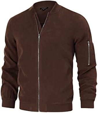 TURETRENDY Men's Varsity Suede Leather Jackets Lightweight Flight Bomber Zip Casual Coat Coffee 3XL