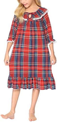 Ekouaer Girls Nightgowns Soft Cotton Loungewear Dress Cute Classic Plaid Nightie for Kids Comfy Nightwear(Red Green,12-13T)