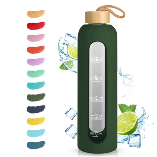 Sursip 1L Glass Water Bottle 32 oz Glass Water Bottle with Time Marker,1 Liter BPA-Free Reusable Motivational Water Bottle with Non-Slip Silicone Sleeve and Bamboo Lid, Leak-Proof, Dishwasher Safe