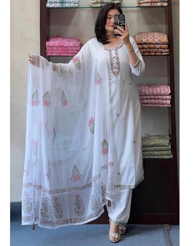 Image of Women's Embroidery Work Georgette Fabric Kurti With Pant & Dupatta | Round Neck & 3 /4 Sleeve | Lightweight & Breathable Fabric-WHITE