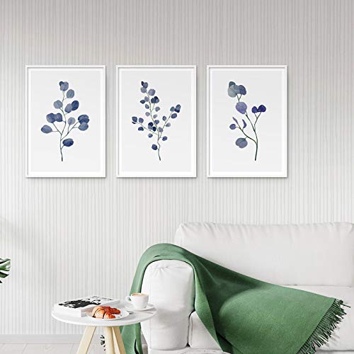 Toile Eucalyptus Indigo : peinture botanique minimaliste et impression grand format 70x100cm x3