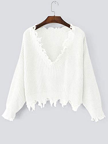 ZAFUL Women's Solid V Neck Loose Sweater Long Sleeve Ripped Jumper Pullover Knitted Crop Top White