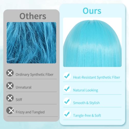 kuttolee Sky Blue Bob Wig Neon Short Bob Wigs with Bangs, Synthetic Hair Costume Colorful Cosplay Wig for Women Girl Bachelorette Carnival Daily Party Neon Party Favors Halloween Decorations — view 6