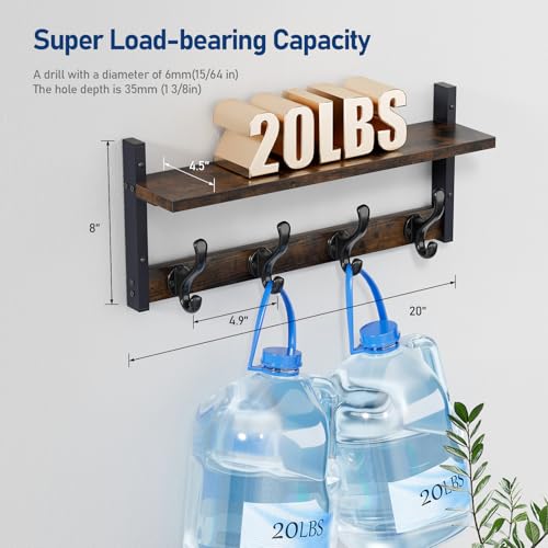 Image of Tatub 20 inch Rustic Coat Rack Wall Mount with Shelf, Wall Hooks with Shelf, Heavy Duty Entryway Organizer Hangers for Hanging, Hat, Bag, Jacket for Bathroom, Living Room, Bedroom, Rustic Brown