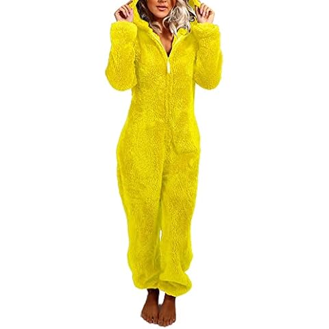 YILEEGOO Women Fleece Onesies Zip Up One Piece Hooded Pajamas Cozy Sleepwear Pyjamas Autumn Winter Warm Loungewear Jumpsuit Yellow Cover