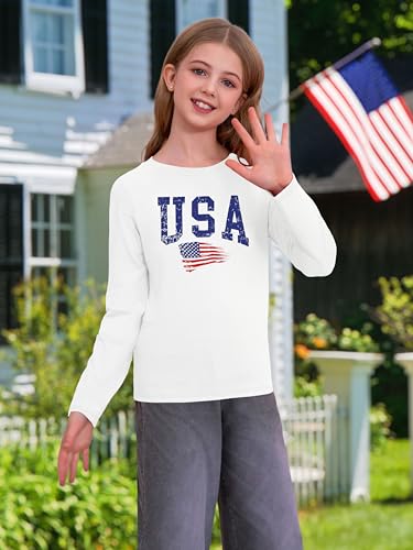 Image of Ithalt 4th of July Outfit Kids Girls American T Shirt USA T-Shirt Fourth of July Tops Patriotic Long Sleeve Tops