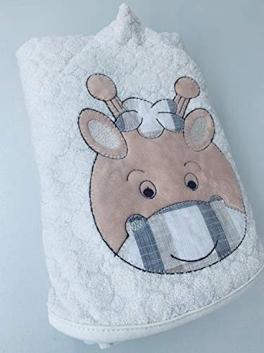 Toalha de banho bebê forrada com capuz e bordada 70x80 girafa bege