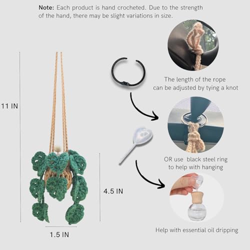 Image of Cute Crochet Car Plant Monstera Essential Oil Diffuser Bottle - 12ml Refillable, Green Car Accessory for Mirror Decor and Home Decor