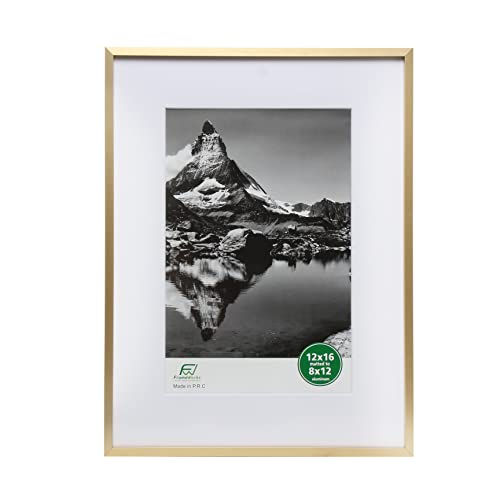 Frameworks 12”X16” Matted To 8”X12” – Deluxe Brass Gold Aluminum Contemporary Picture Frame With Tempered Glass And Removable Mat #TOP4