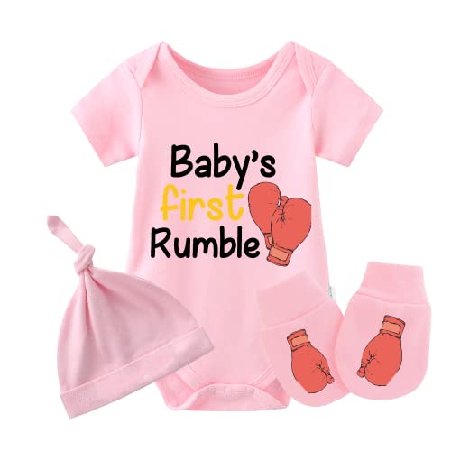 Image of YSCULBUTOL Baby Twins Bodysuit Boxing Gloves First Rumble Baby Outfit Funny Baby Romper Baby Girl Clothes Set
