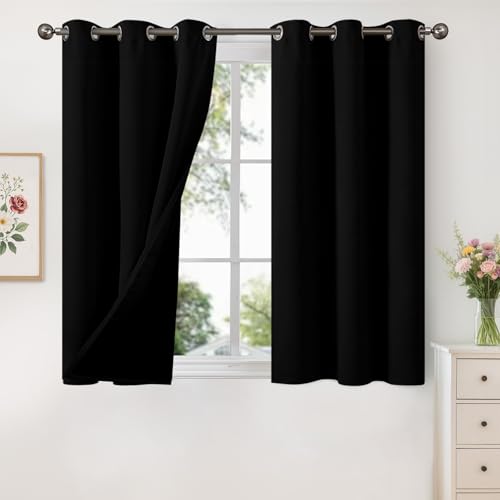 YoungsTex Thermal 100% Blackout Curtains 48 Inches Long for Bedroom 2 Panels, Insulated Black Out Drapes with Grommet Room Darkening Privacy with Liner for Short Window, Black, 42 X 48 Inch