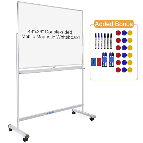H-Qprobd Rolling Whiteboard with Stand 48"x36" Double-Sided Mobile Magnetic Dry Erase Board on Wheels for Home, Office & School