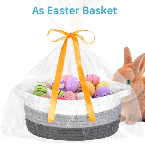 Image of ABenkle Small Basket Empty Gift Basket, Decorative Boho Rope Woven Nursery Storage Organizer Dog Toy Baskets for Baby Showers Christmas Easter with Gift Bags and Ribbons, 12 inchX 8 inch X 5 inch