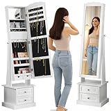 BAKAJI Specchiera Portagioie Bianca con Anta Apribile e 2 Cassetti, Armadietto Portagioielli Indipendente, Portagioie Organizer con Specchio e Struttura in Legno, Apertura a Chiave, 44 x 35 x 163 cm