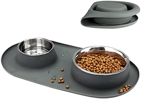 Double Dog Cat Bowls 2 Stainless Steel with No Spill Non-Skid Silicone Mat, Pet Food Water Feeder Bowl for Small Medium Large Dogs, Puppies, and Pets