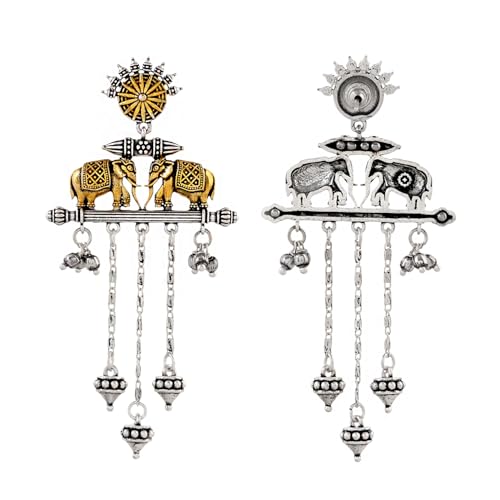 Image of Voylla Qasbah Oxidised Two Tone Stud Earrings For Women, Oxidised Dangler Earrings For Women, Dual Tone, Everyday, Festive, Diwali, Karwachauth, Gift For Her (Haathi Mere Sathi)