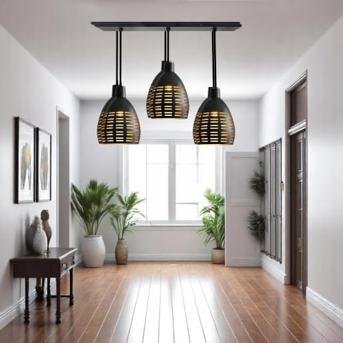Image of GreyWings Antique Hanging Light for Home, Black Aluminium Pendant Light with 3 Lights, Ceiling Lamp, (Bulb not Included) 3 Linear Set