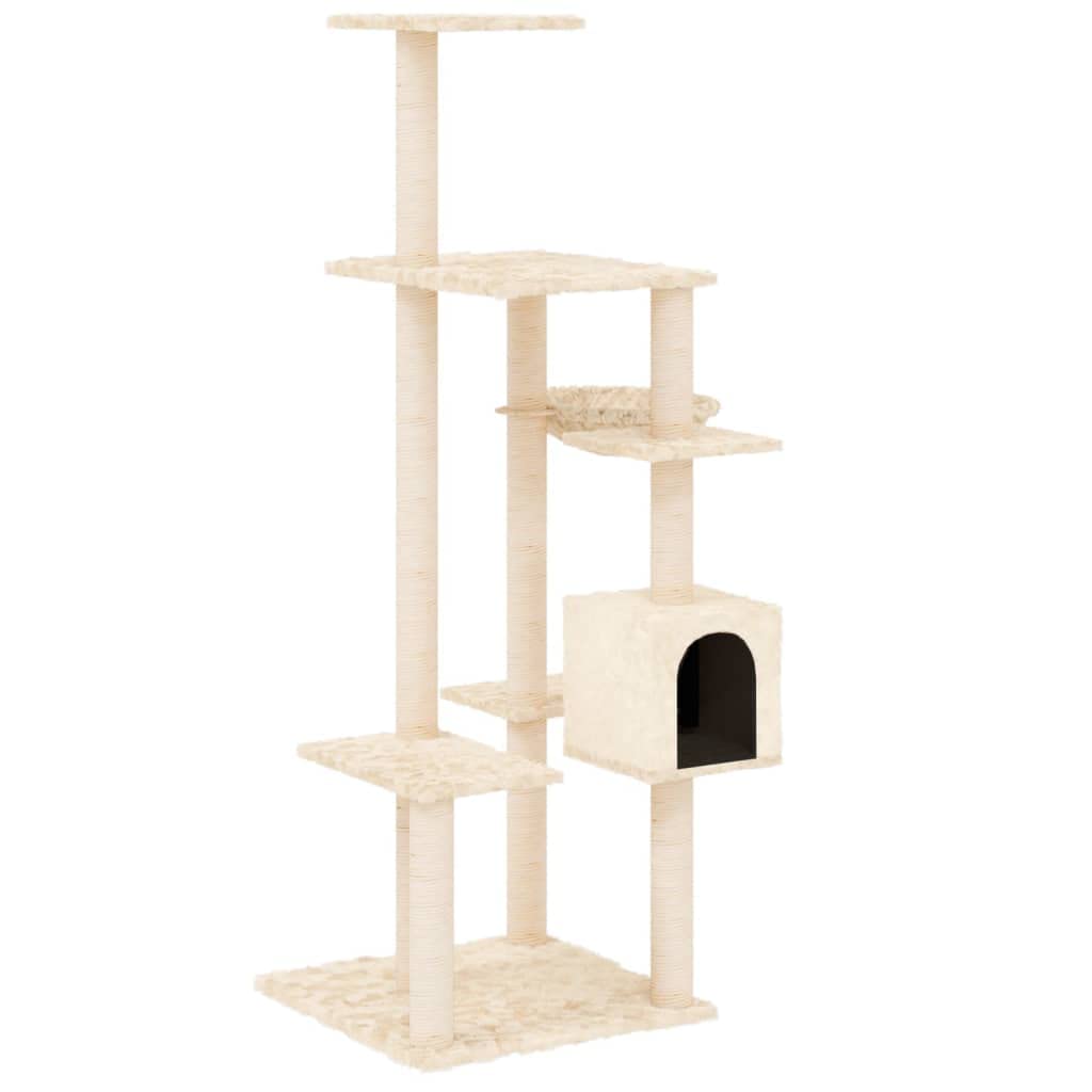 Arbre à chat 142 cm crème avec griffoirs en sisal naturel et maison