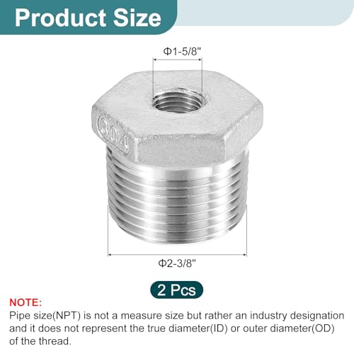 Image of uxcell 2Pcs 2 inch Male to 1-1 /4 inch Female NPT 304 Stainless Steel Reducer Hex Bushing